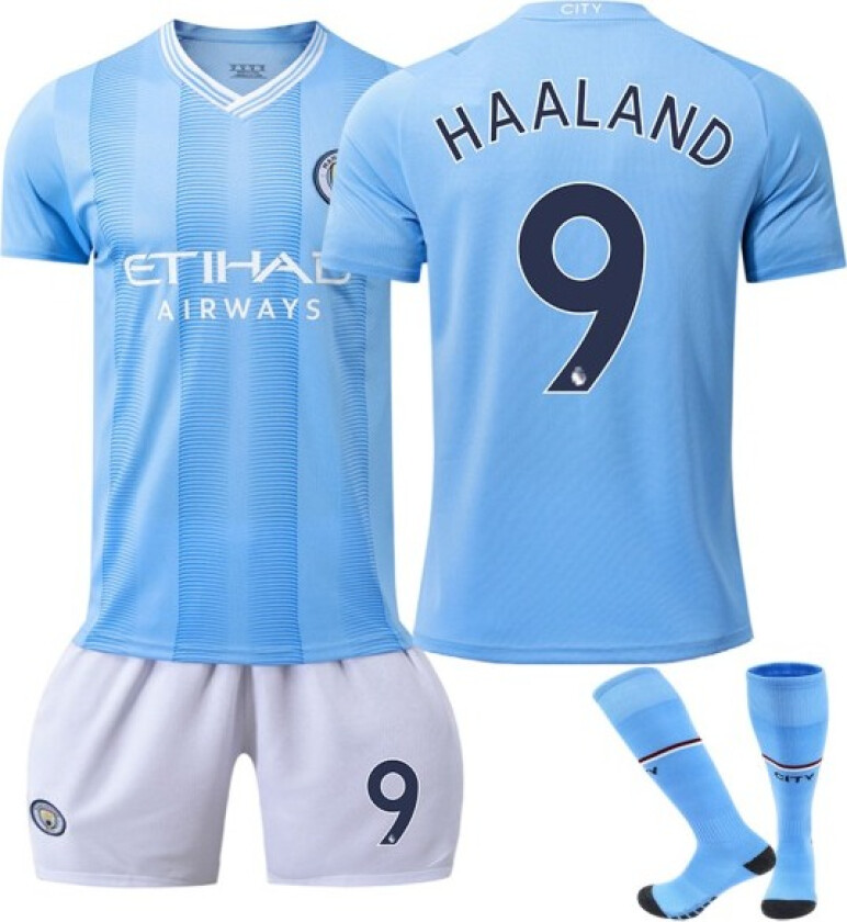 23-24 Manchester City hjemmefotballdrakter 9 Haaland Ny sesong Siste fotballdrakt for voksne barn V Kids 28(150-160cm)