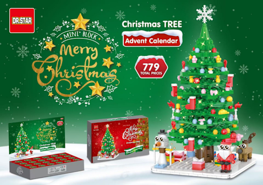 Adventskalender, LED-opplyst juletrebyggelese-sett, juletellerkalender, 24 dager med byggeklosser, kreative gaver (uten lys)