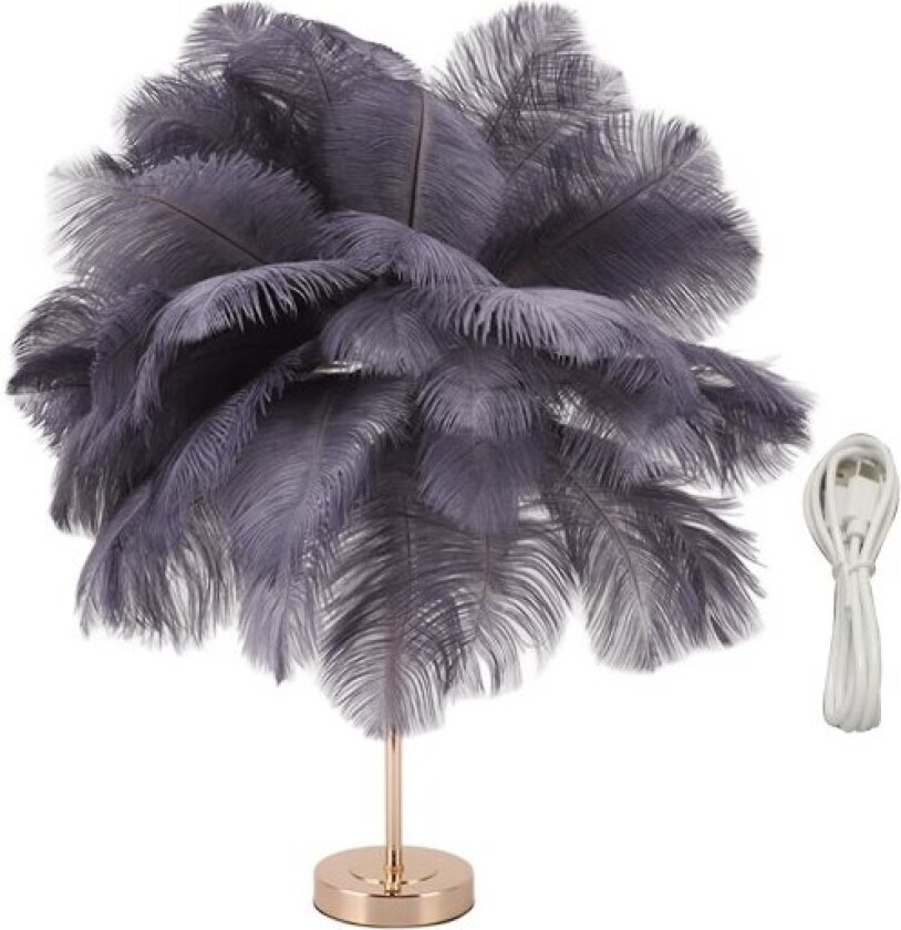 Bordlampe med strutsfjær, oppladbar nattlampe til soverom, nordisk stil romantisk og varm dekorativ lampe Grey