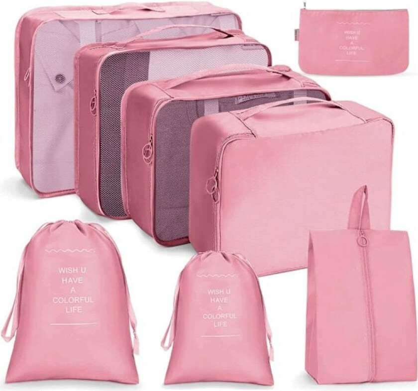 Foldbare, vanntette pakkekuber, 8 stk. Reisearrangørpakker Reisebagasjepakkearrangører med skobag for klær Koffert Sko Pink S