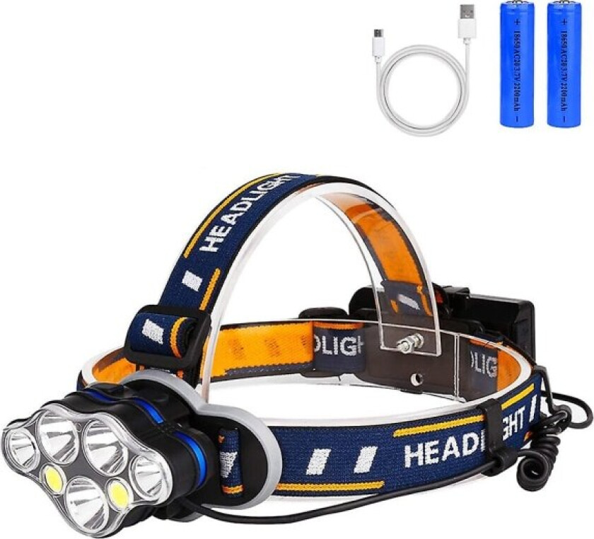 LED-hodelykt, oppladbar hodelykt med USB-kabel, 2 batterier, 8 moduser, vanntett hodelykt med rødt lys for utendørs camping, sykling og løping