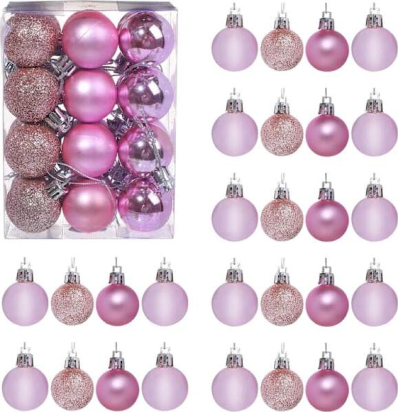 Sett med 24 mini julekuler, knusefrie, 11,8×7,8×15,6 cm, julepynt til treet, festdekorasjon, 3 cm/1,18 tommer (rosa)