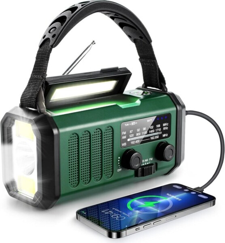 Nødradio med sveiv, 10000mAh batteri - NOAA/AM/FM værradio - LED lommelykt og leselys - SOS-alarm - WELLNGS
