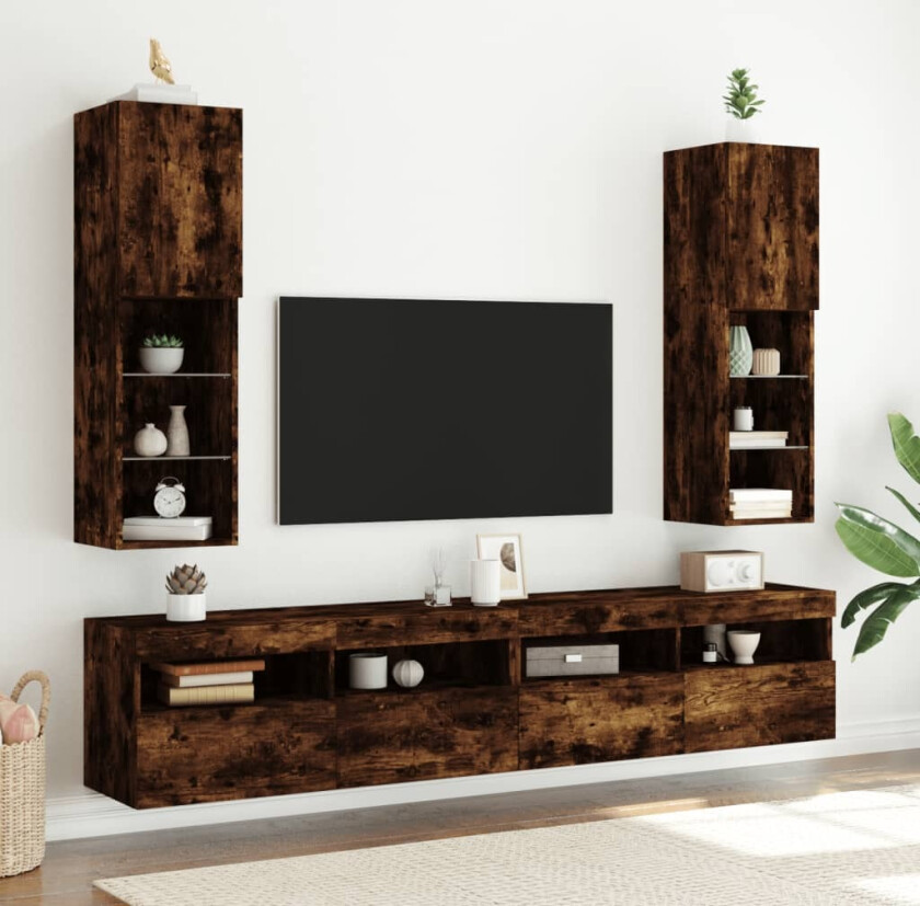 TV-benker med LED-lys 2 stk røkt eik 30,5x30x102 cm