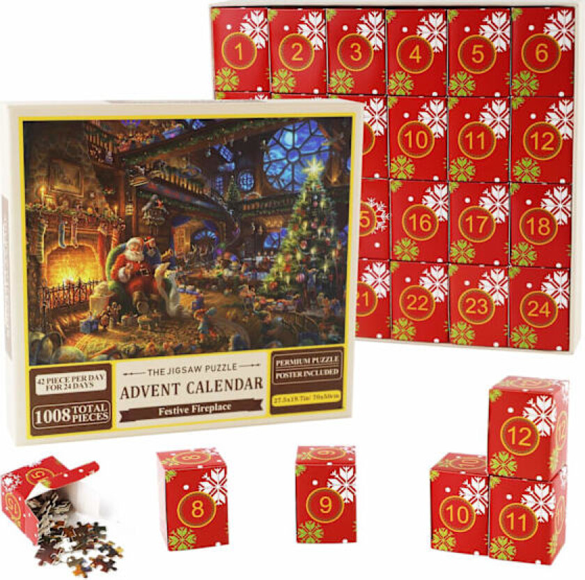Sendt fra Sverige Puslespill Adventskalender 2024, 1008 puslespillbrikker 24 dager Peis Åpen peis Jigsaw puzz