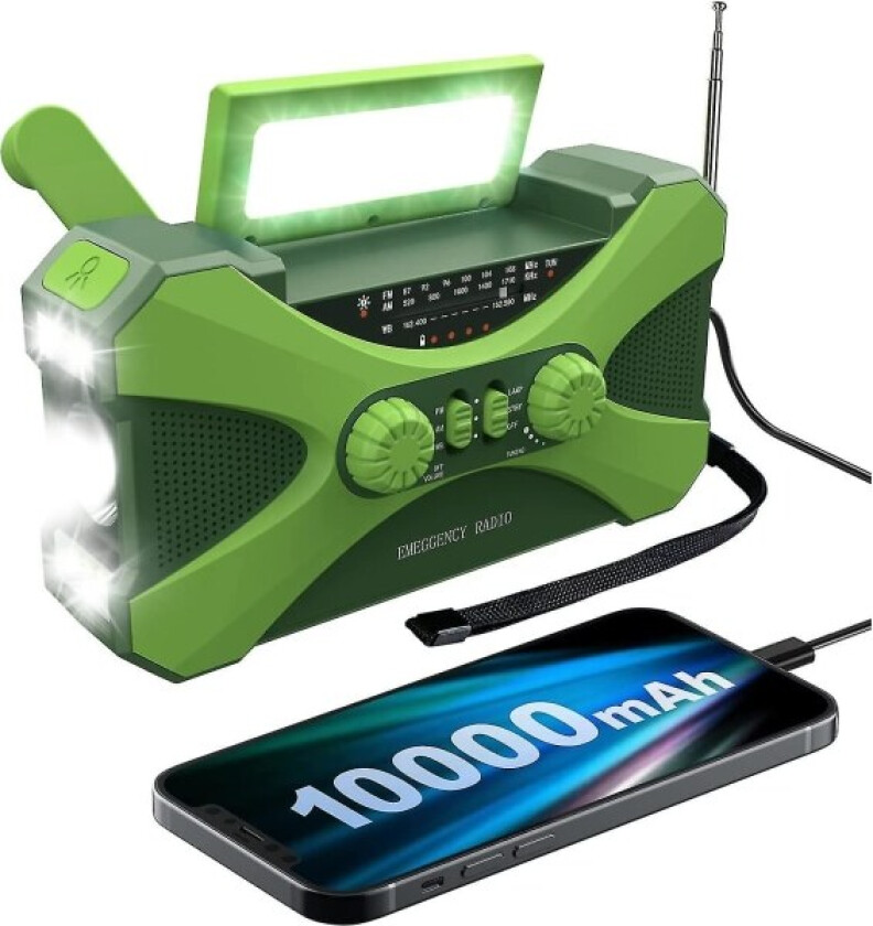 10000mAh Nødradio, Solcelledrevet Radio med Håndsveiv, Bærbar AM/FM/NOAA Værradio med Telefonlader Lommelykt Green