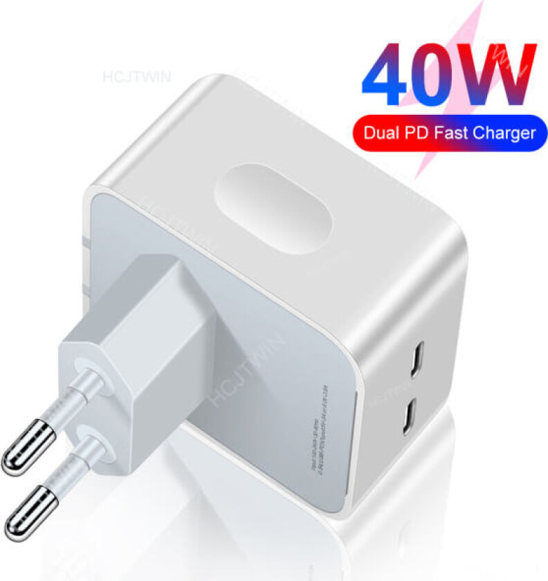 40W USB C Hurtiglader, 2 USB-C Porter, Hurtiglader for iphone 13/