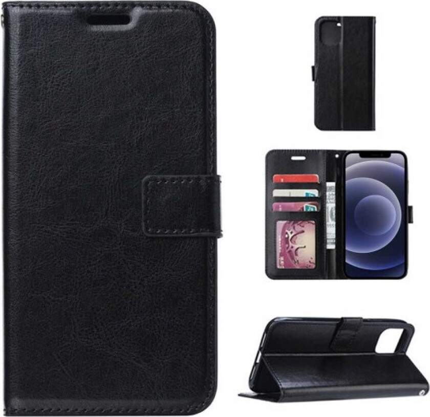 iPhone 12/12 Pro Wallet Case Black Leather Leather Case svart
