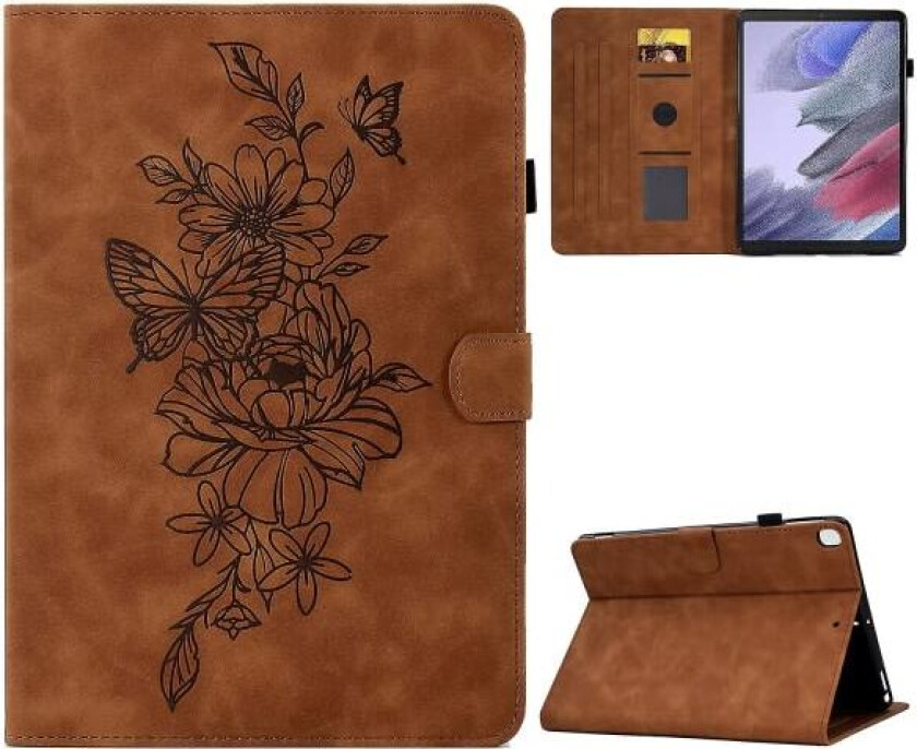 Beskyttende deksel for Samsung Galaxy Tab A7 Lite 8,7 tommer T220 / T225, sommerfuglblomst mønster preget PU-lær søm linje klaff Brun