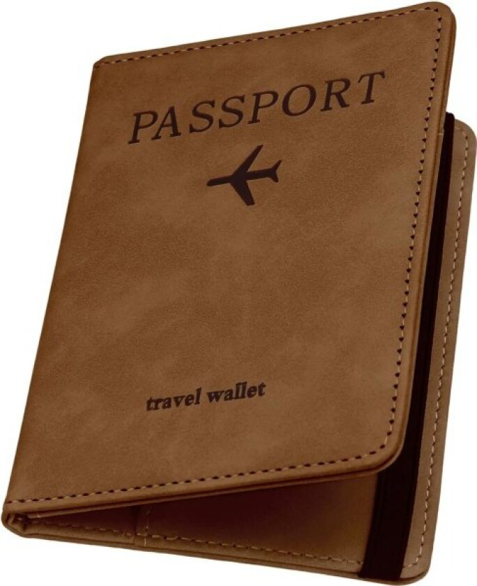 Passholder i PU-lær med RFID-blokkering, passomslag, reisemappe med kortspor og elastisk stropp Brown