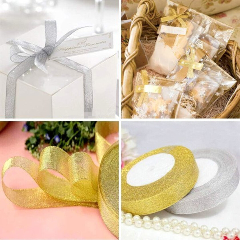 2 ruller gavebånd gull og sølv, 22m satengbånd bånd for håndverk sløyfebånd dekorativt bånd for bryllup