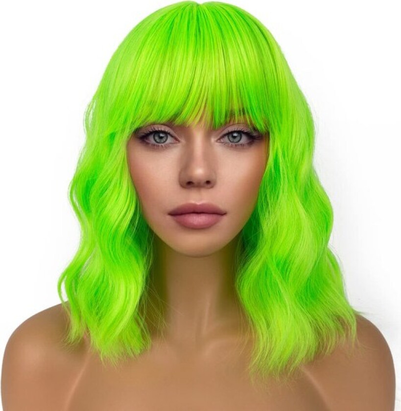 Bølget parykk med lugg Korte parykker for kvinner Krøllete bølget Bob Syntetisk cosplay parykk for jenter Daglig bruk Fargerike parykker (neongrønn)