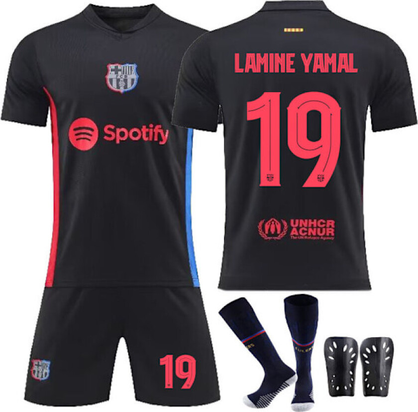 2425 Barcelona borte svart drakt fotballdrakt sett-Yamal+strømper+leggbeskyttere 20(110-120cm)