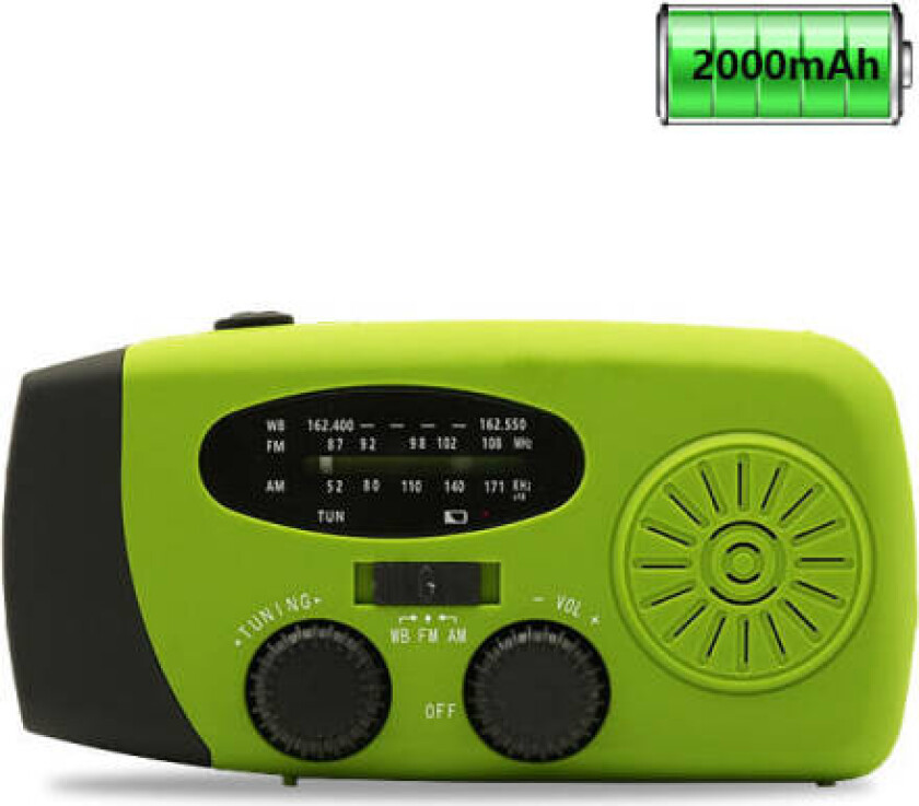 Nødradio med solcelle, håndsveiv, værradio med LED-lommelykt, telefon-powerbank-lader, europeisk versjon Green