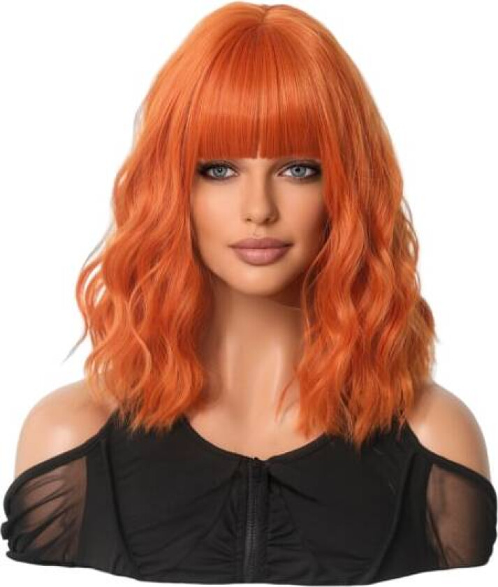 Skitten oransje parykk for kvinner, kort krøllete hår, luftlugg, middels lang