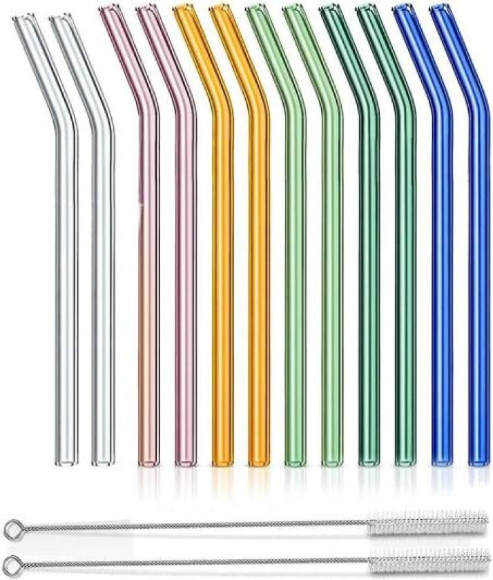 Gjenbrukbare glass-sugerør, bøyde glass-drikkesugerør med 2 rengjøringsbørster, sugerør for smoothies, (mu