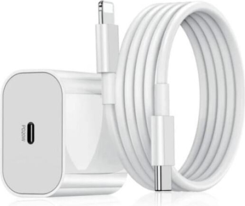iphone hurtiglader USB-C strømadapter 20W + 2m kabel hvit (1 stk