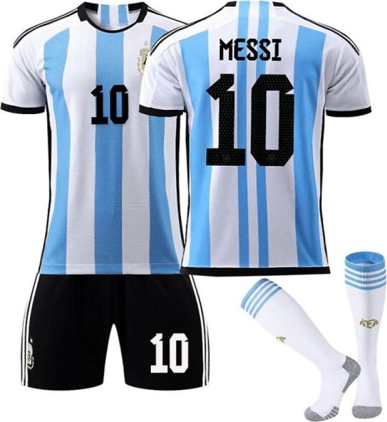 Argentina VM Hjemmedrakt Herre Messi #10 Fotballtrøye T-skjorte Shorts Sett Fotball 3-delt Sett For Barn Voksne Kids 24(130-140cm)