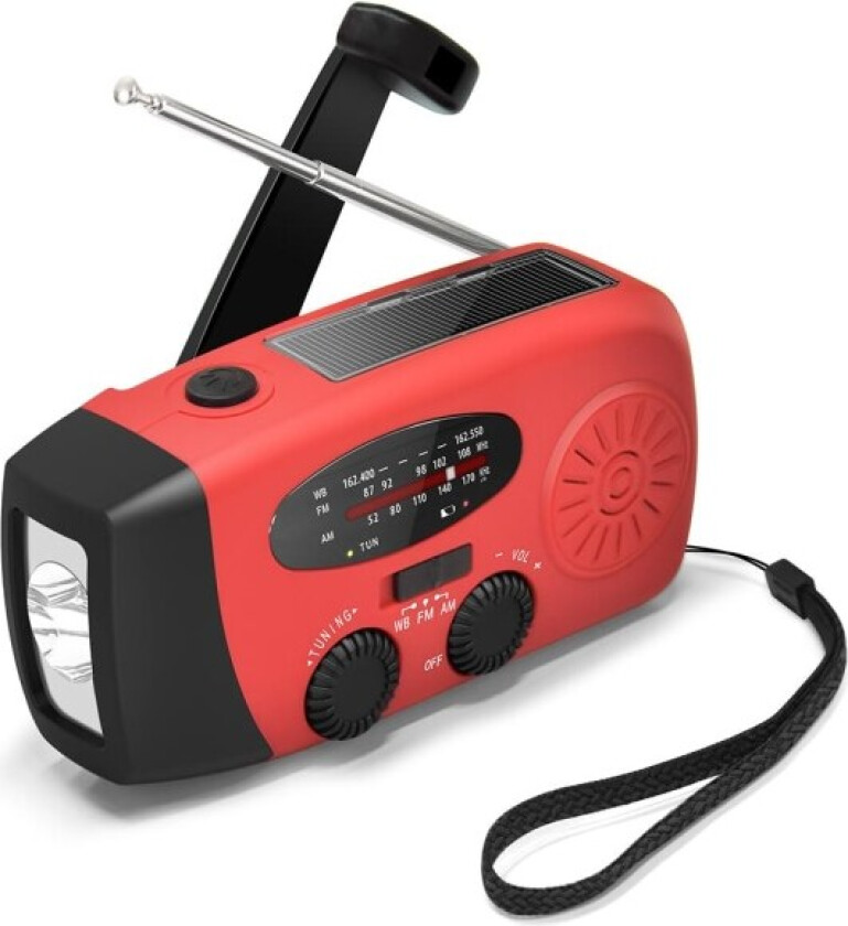 Vevradio med solceller, ficklampa och 2000mAh powerbank, röd SOS