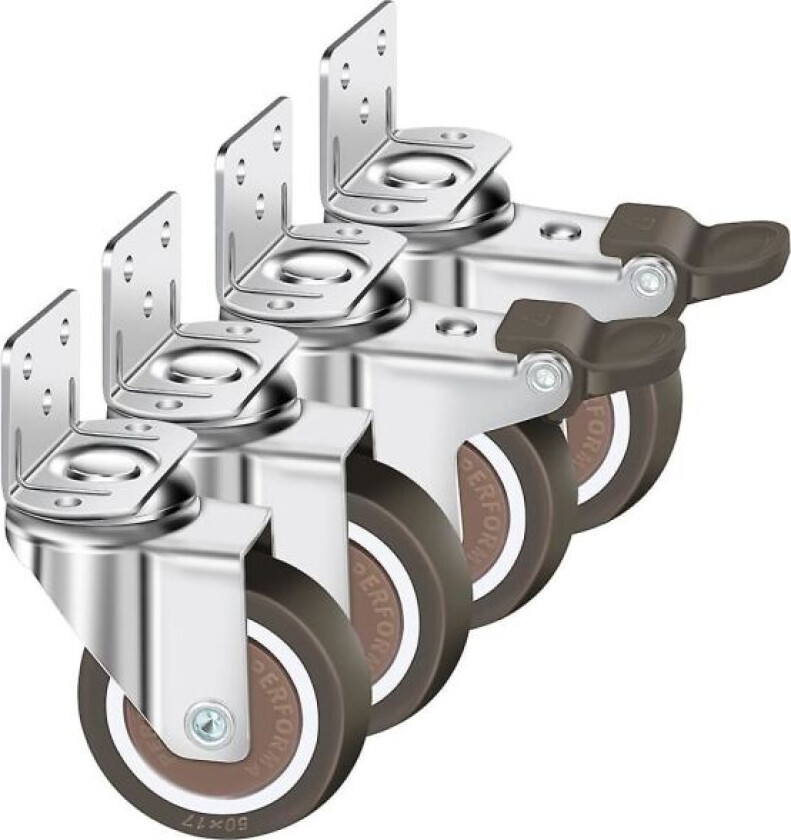 Sett med 4 svingbare hjul 50mm, 100kg møbelhjul, L-type møbelhjul med brems 360 rotasjon, for innendørs og utendørs (2 hjul med brems, 2