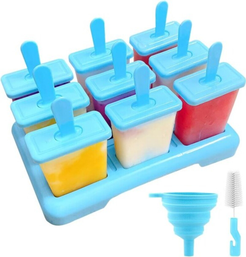 Popsicle-form med pinner, 9-hulls isform, matkvalitet BPA-fri, DIY kreativ isform med rengjøringsbørste, trakt (tilfeldige farger)