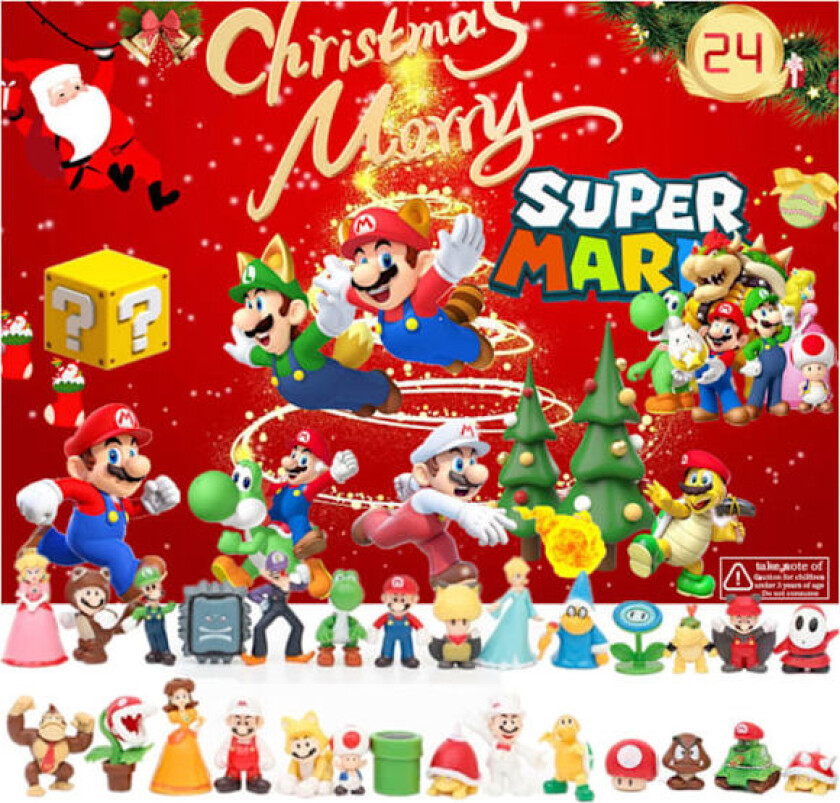 Super Mario Barnas Julekalender 2024, 24 overraskende julegaver med fargerike Mario-leker A