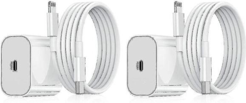 2-pakning iPhone-lader Hurtiglader-adapter + kabel 20w Usb-c Hvit 2-pakning