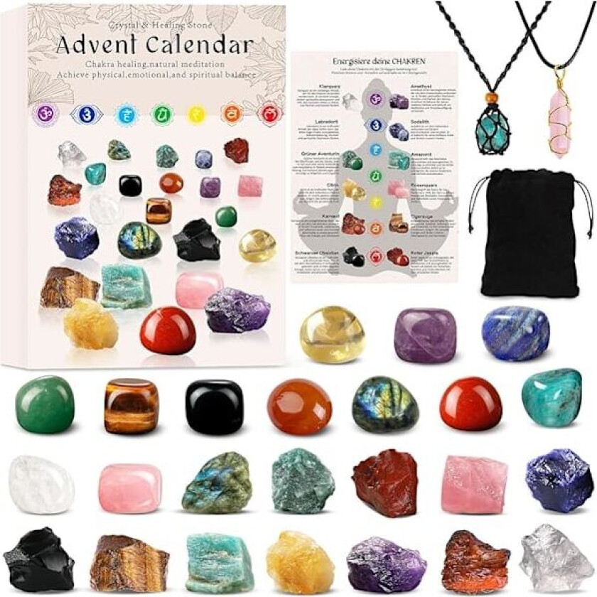 Adventskalender 2024 Krystaller, Juletelling med 24 Chakra-krystaller og Identifikasjonsark, Perfekt for Læring, Samling og Dekorasjon.