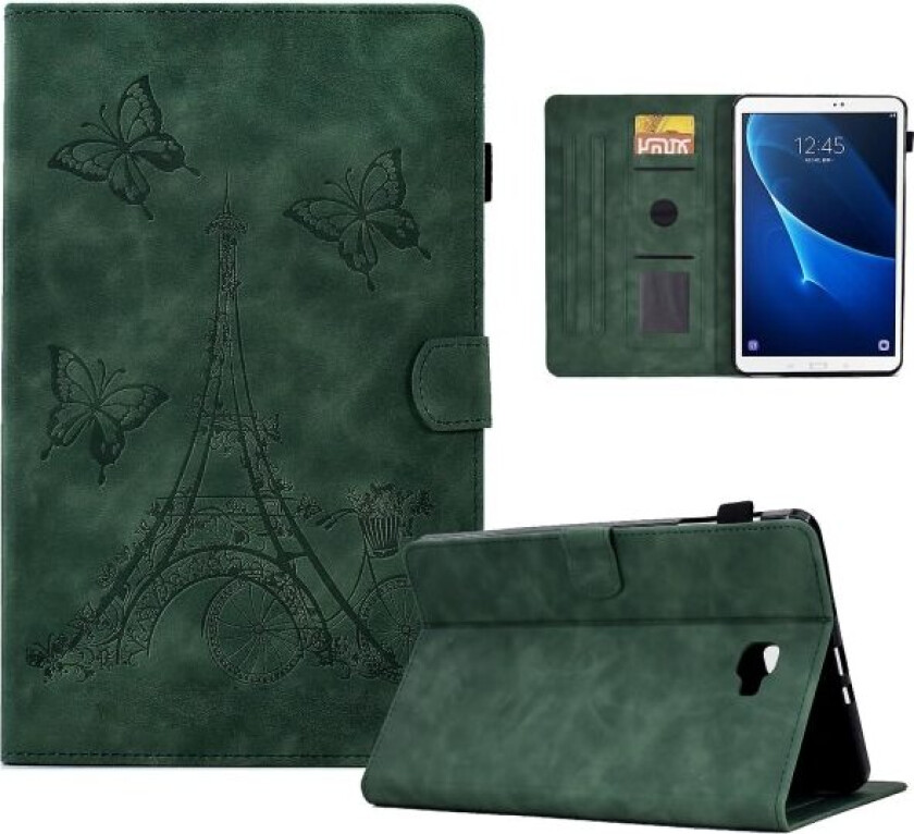 SQBB För Samsung Galaxy Tab A 10.1 (2016) T580 Tower Bike Butterfly Pattern Printed Microfiber Läder Tablet Fodral Vikbar Stand Case P Green