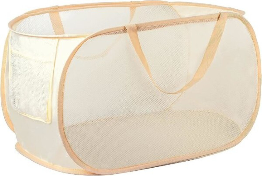 Sammenleggbar klesvaskurv, Pop-Up klesvaskurv, Sammenleggbar nettklesvaskurv (rivebestandig, med kraftig håndtak) (Beige).