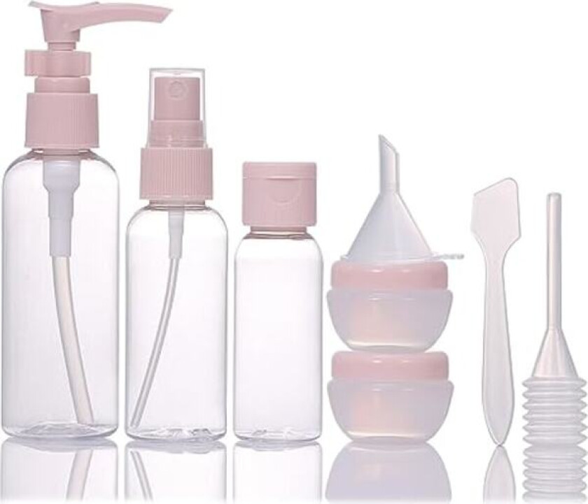 Sett med 8 reiseflasker, tomme flaskebeholdere, små plastflasker for reisekosmetikk og toalettartikler, med oppbevaringspose