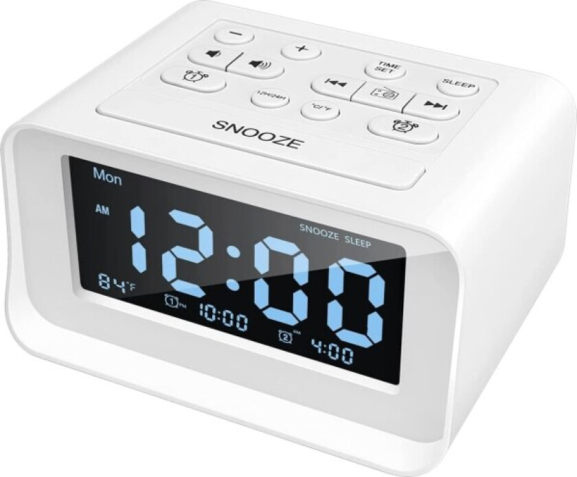 Klokke Radio med Dobbel Alarm, Digital Vekkerklokke med 2 USB white