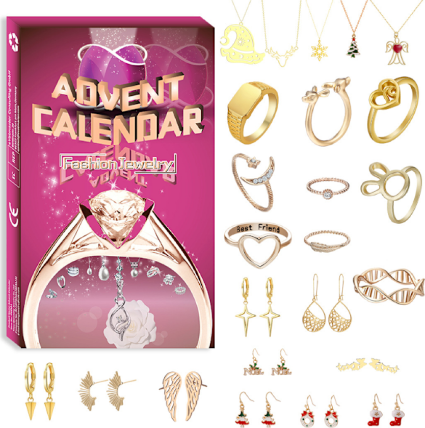 Julekalender for jenter 2022 med 24 smykker - halskjede, armbånd, øredobber, ringer - julekalender for barn