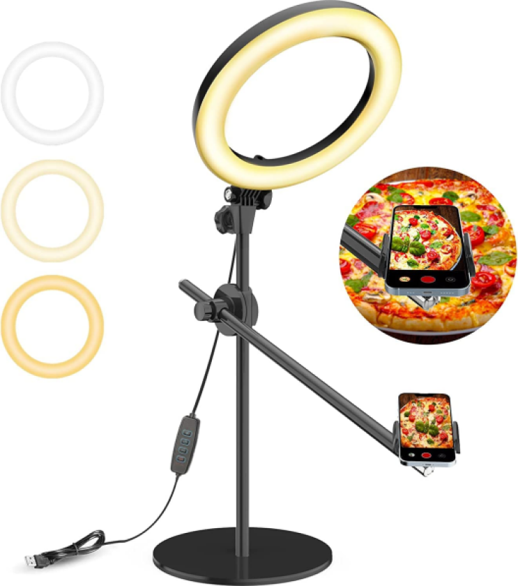 Selfie Ring Light med stativ og telefonholder, 10\" Overhead LED"