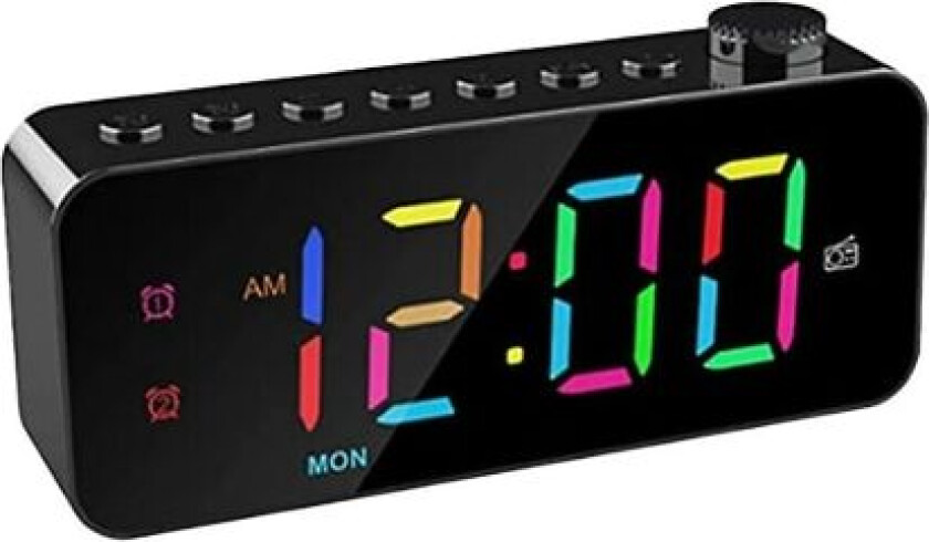 RGB digital vekkerklokke radio, dobbel alarm med ukedag/helgmodus, slumre, FM-radio, søvntimer