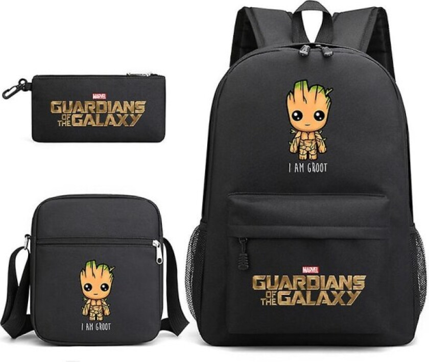 Marvel Groot Galaxy Guardians Treemann Trykt Gutter og Jenter Skolesekk Tredelt Sett (FMY) black