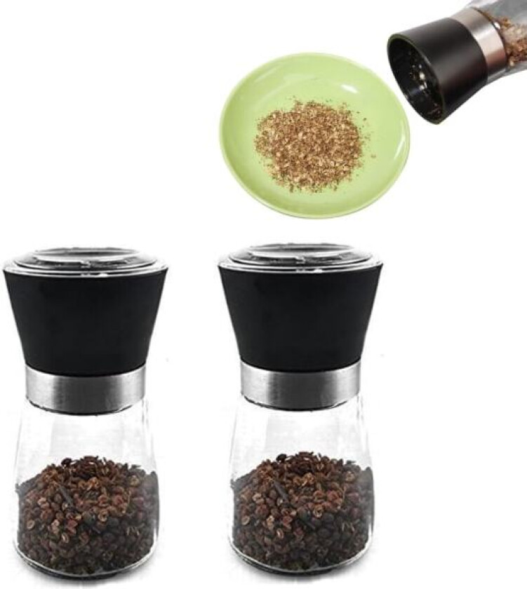 Salt & Pepper Mill Sets, 2 stk Premium Black Pepper Grinder, Justerbar Grovhet, Manuelle Pepperkverner ABS Glass Grinder