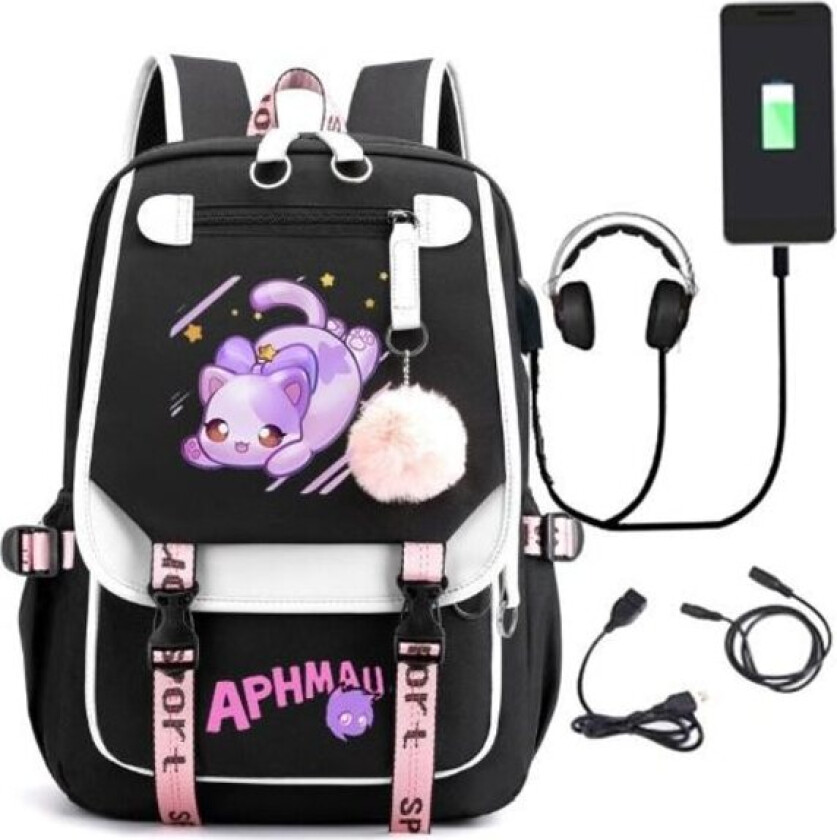 Aphmau ryggsekk barn ryggsekker ryggsekk med USB-uttak 1 stk svart svart
