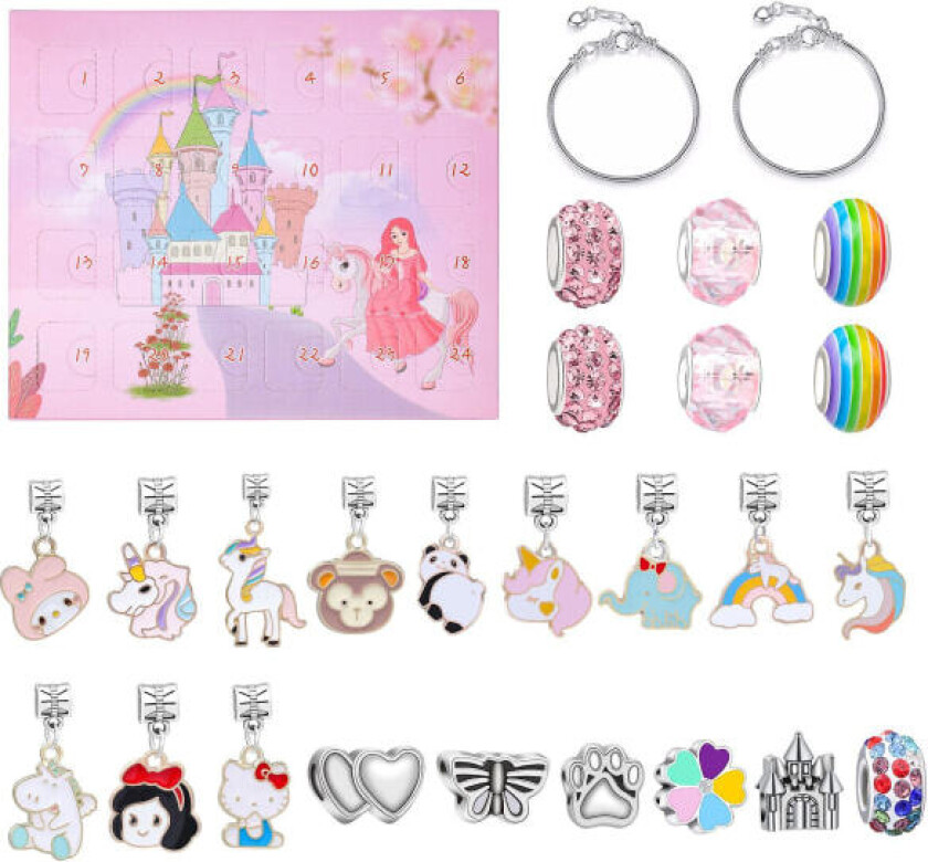Julekalender med enhjørnings-sjarmarmbånd, nedtelling til jul, unike sjarmar, smykkesett for barn og jenter
