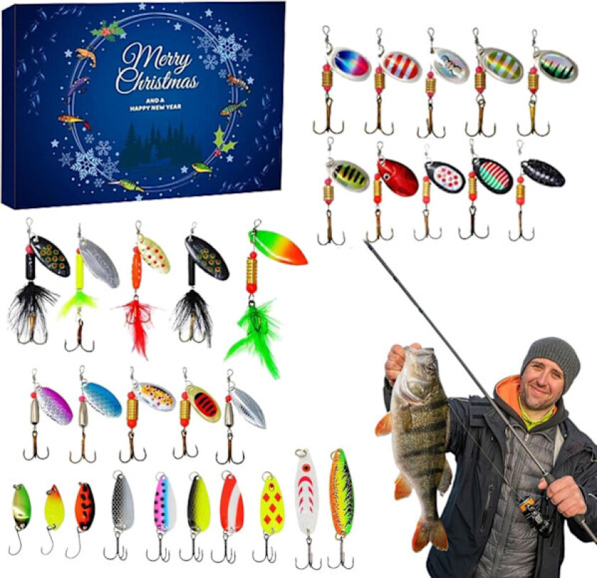 Fiskekalkender 2024, 24 dagers fiskeutstyr julekalender fiske agnsett fiske adventskalender