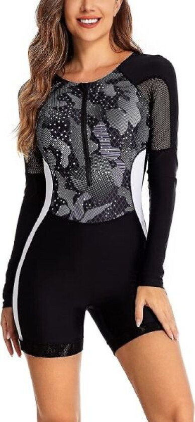 Kvinners badedrakt i ett stykke med lange ermer, rashguard for damer, våtdrakt, atletisk badedrakt, surfe- og dykkerdrakt med glidelås foran, badedrakt Xd1 Black 1455 S