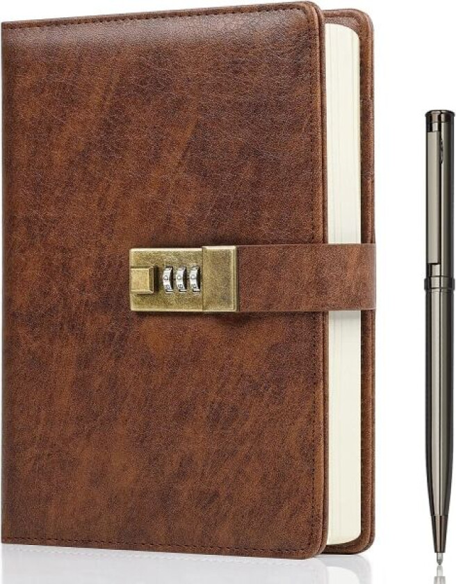 Dagbok med lås, A5 PU-lærjournal med lås 240 sider, Vintage låsjournal Passordbeskyttet notatbok med penn og gaveeske, 8,6x5,8 tommer
