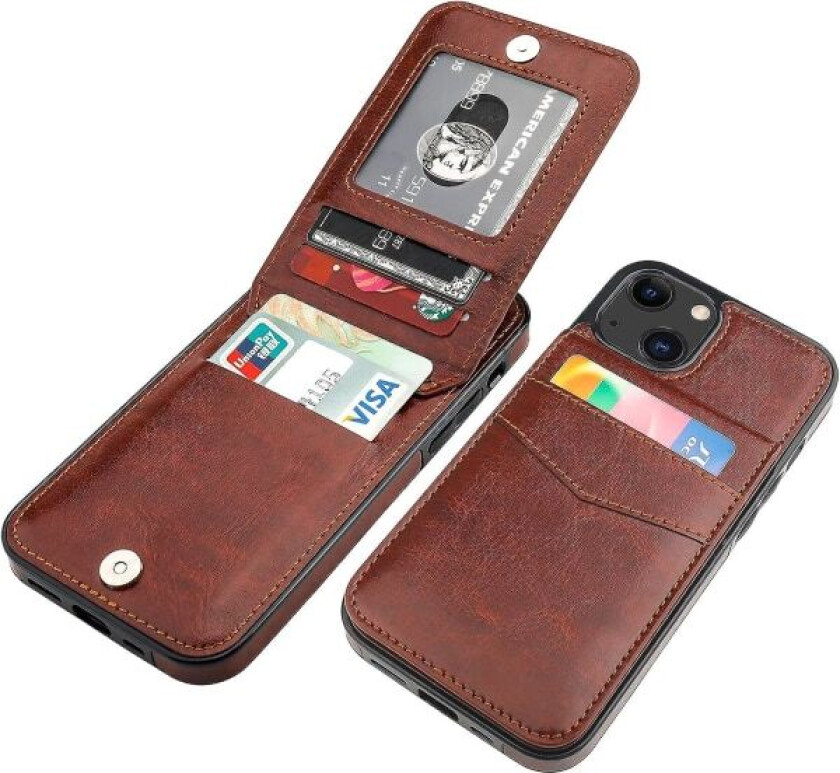 iPhone 13 Lommebok-etui med kredittkortlomme, Premium lærmagnetisk lukking Støttefot Heavy Duty Beskyttende deksel for iPhone 13 6,1 tommer (brun)