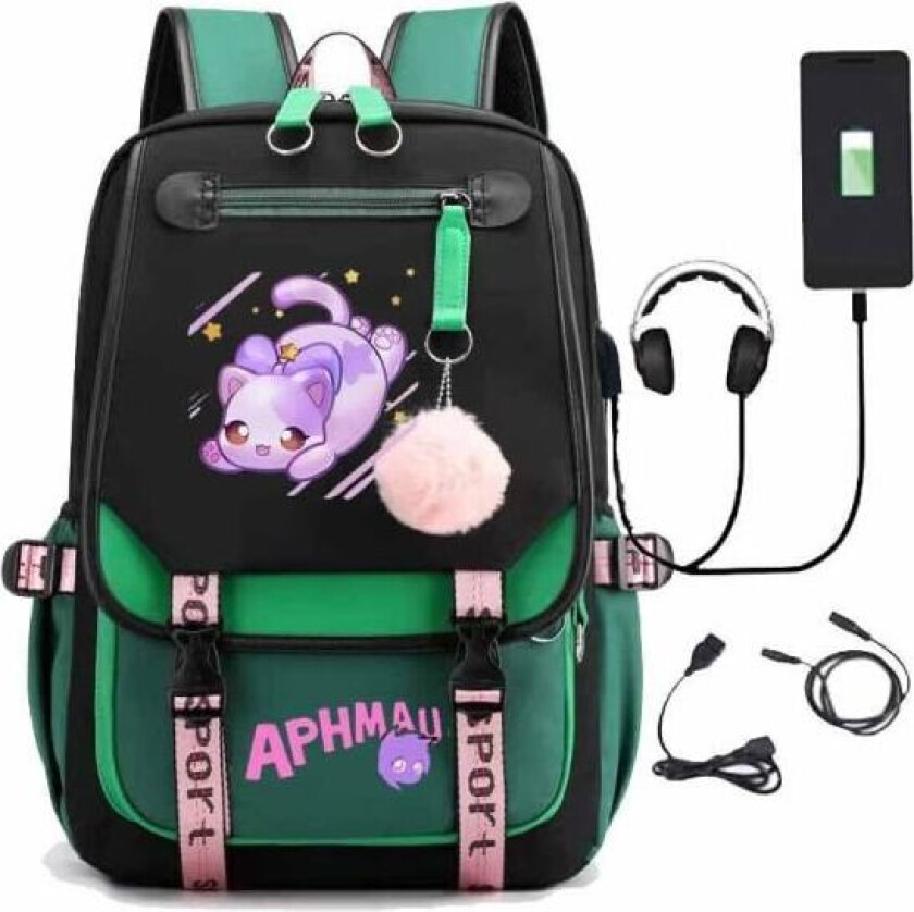 Aphmau ryggsekk barn ryggsekker ryggsekk med USB-uttak 1 stk grønn grön