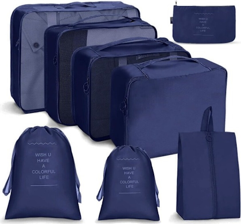 Foldbare, vanntette pakkekuber, 8 stk. Reisearrangør pakkeposer Reisebagasje pakkearrangører med skobag for klær Koffert sko Navy Blue S