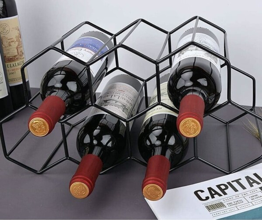 Liten frittstående vinstativ for kjøkkenbenk - Honeycomb metall vinstativholder for 9 flasker, svart, bordplate vinstativ