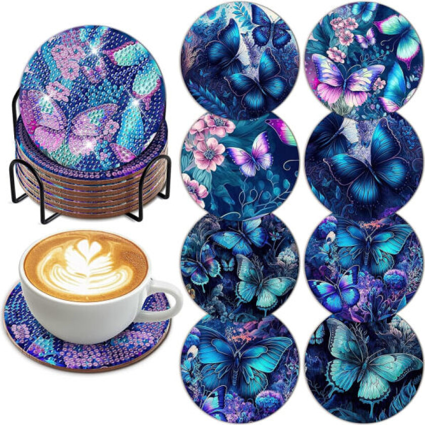 8 stk sommerfugl diamantkunst maleri coasters kits med holder DIY sommerfugl diamantkunst coaster sklisikker coaster for voksne