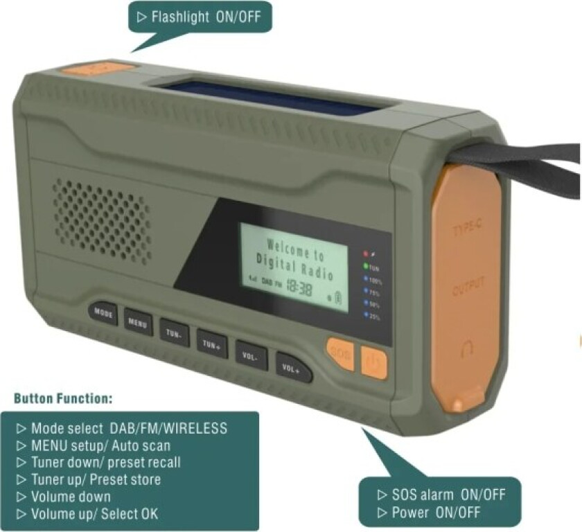 NOAA/DAB/FM-radio Nødradio Bærbar Solradiomottaker Håndsveiv Dynamo Utendørs Bluetooth-høyttaler med LED-lommelykt Green