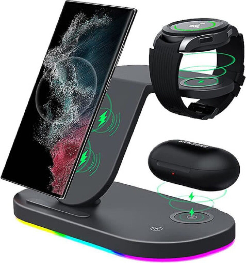 3-i-1 Android Trådløs Lader Kompatibel med Samsung Enheter, Ladestadion Kompatibel med Galaxy S22/s22+/s22 Ultra