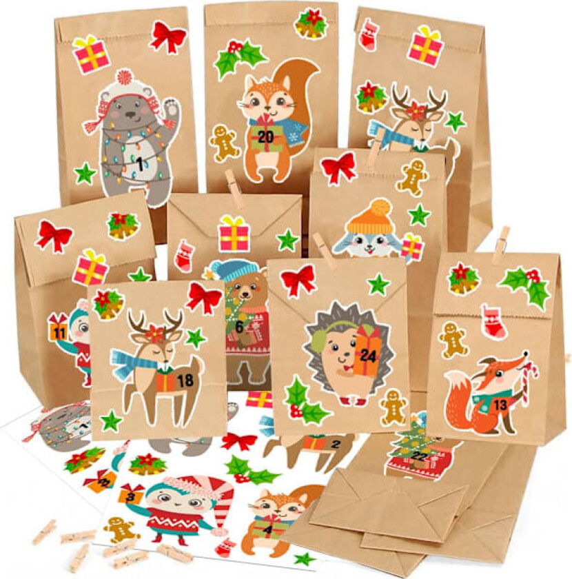 Tom adventkalender til å fylle, 24 Kraft papirposer med klistremerke for julepynt 1